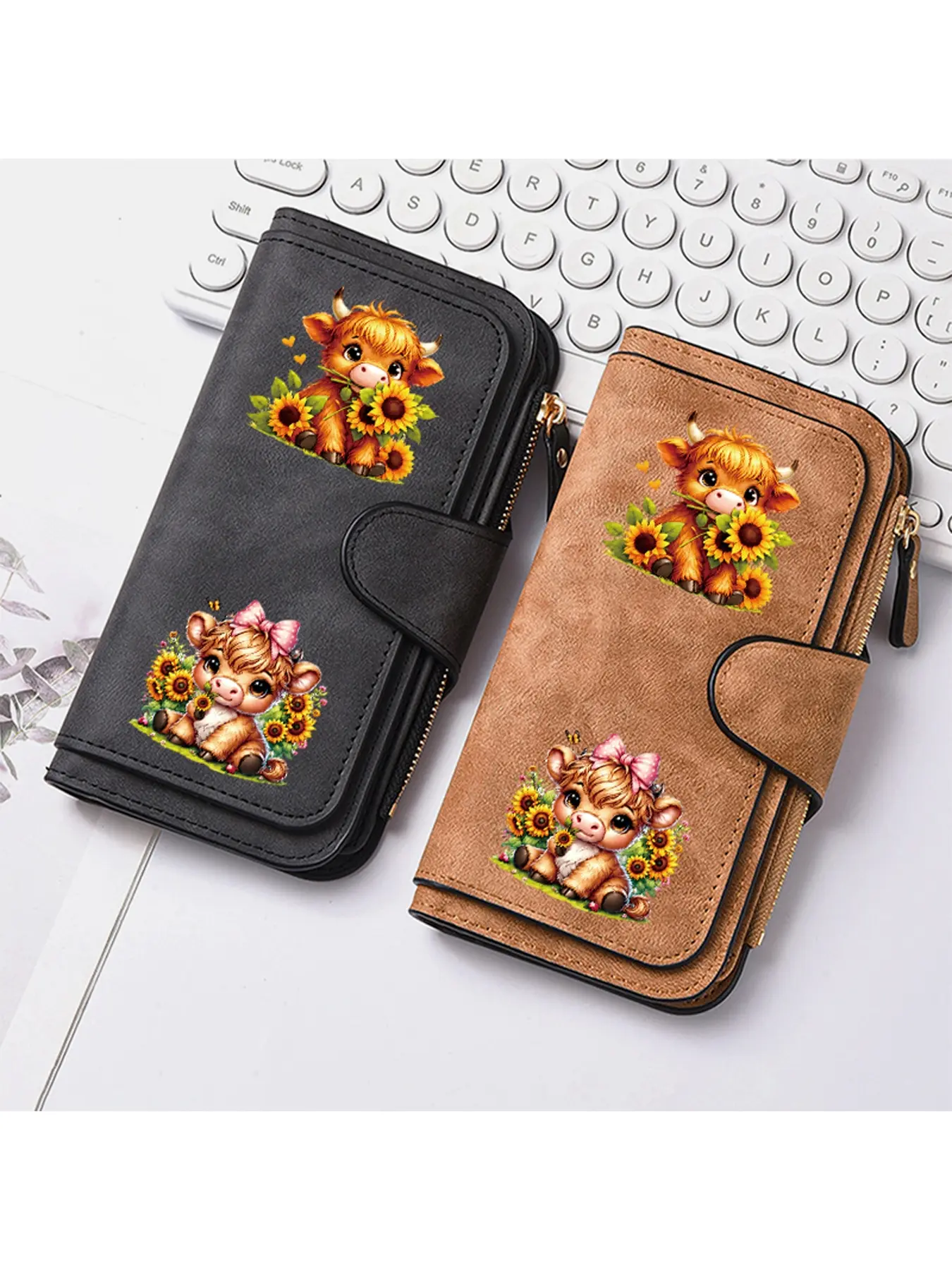 Bohemian and retro style women's handbag, multifunctional fashionable trendy women's wallet, cute highland cow with bright sunflower pattern, perfect birthday/holiday gift for her, perfect daily accessory.