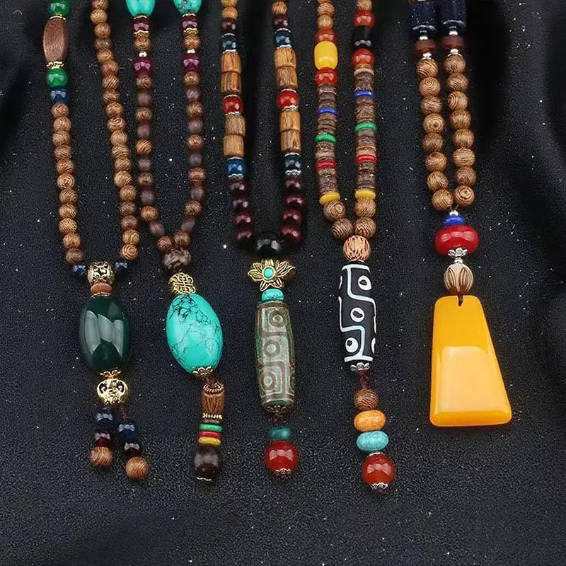 11 Styles Tibetan Ethnic Wooden Bead Sweater Chain Collection, Multicolor Stone Tribal Pendant Long Necklaces, Unisex Bohemian Retro Statement Jewelry for Travel Daily Layering