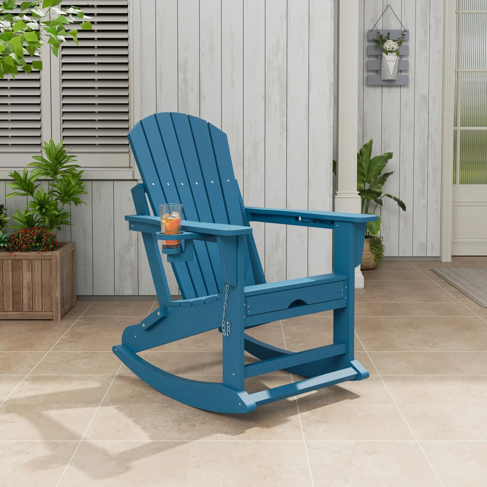 GARVEE Casual Plastic Outdoor Rocking Chair for Adults - HDPE, Waterproof, Fold-Out Recline, Space-Saving, Stable, Heavy-Duty Ergonomic Design, Retractable Ottoman, Cup Holders, Sun Protection, Patio Use, Outdoor Chairs