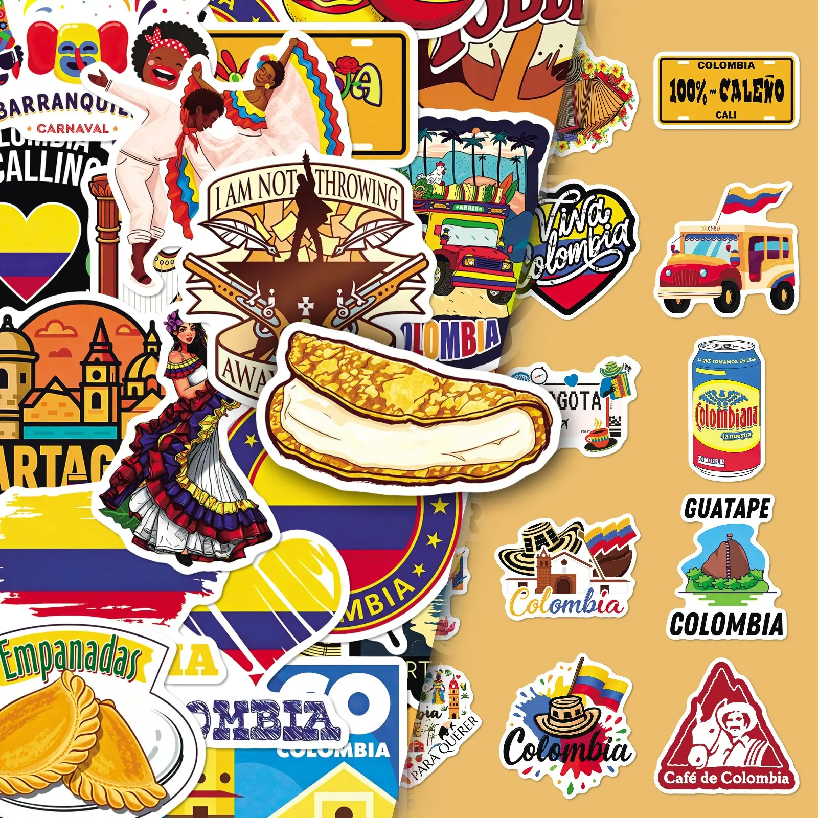 100Pcs Colombia Travel Scenery Aesthetic Sticker Set – 2 Sets Repeat, Fresh Minimalist DIY Decor for Scrapbooking, Journal & Craft