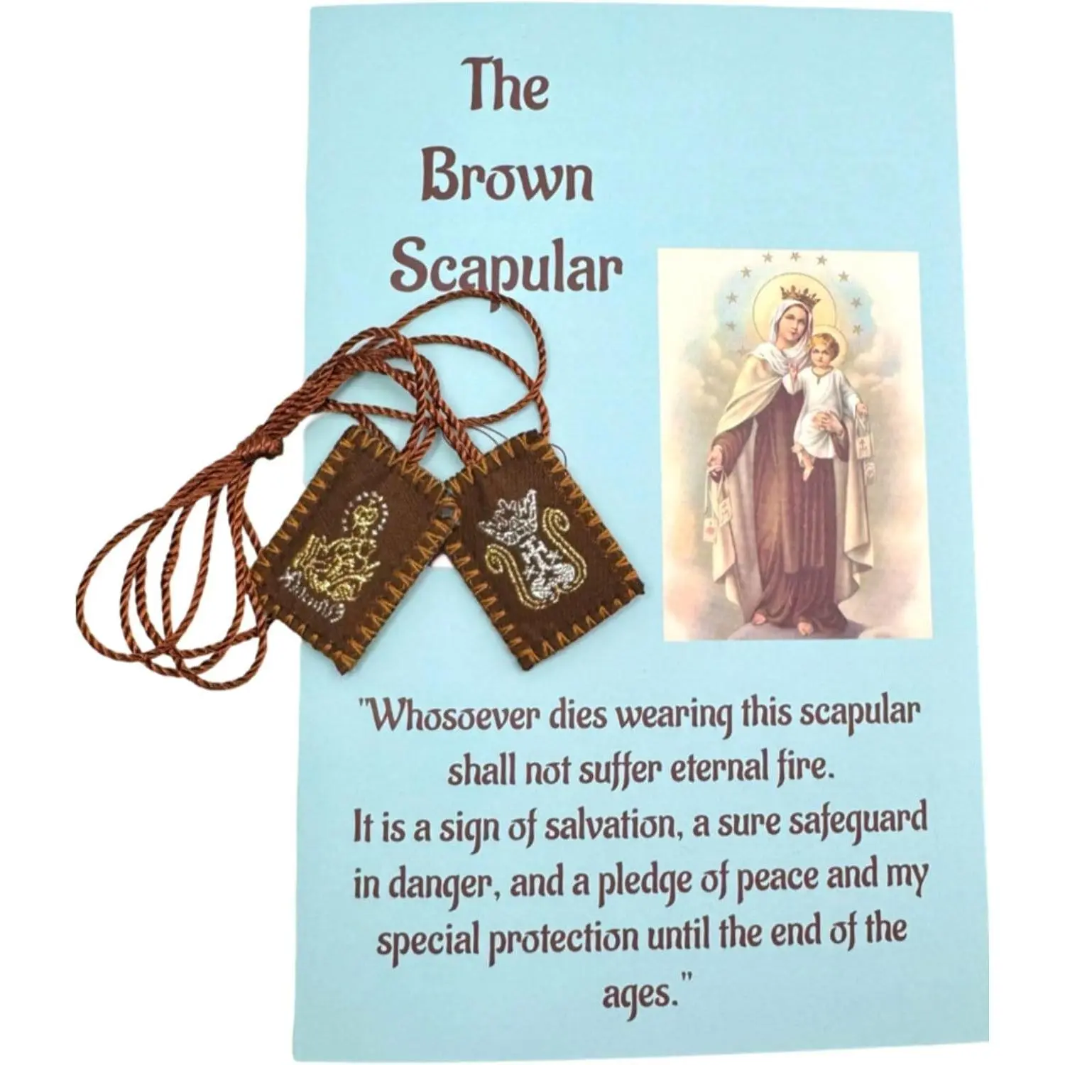 The Brown Scapular Prayer Set Traditional  Catholic Necklace | Our Lady of Mount Carmel Wearable Devotional,  Simon Embroidered Cord Badges Guide Pamphlet Sacramental