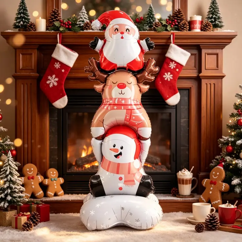 1pc Standing Stacked Santa Reindeer Snowman Aluminum Foil Balloon, Soft Cute Cartoon Style, Christmas Colors, Holiday Decorations