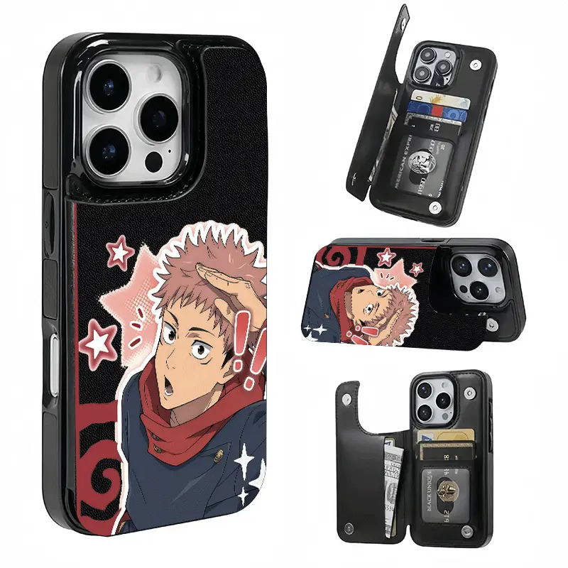 Anime Jujutsu Kaisen Yuji Itadori Pattern Card Holder Leather Case, Printed phone case, not 3D textured. Features card slot for bank cards, transit cards etc. Compatible with iPhone 17/16/15/14/13/12. Unisex, great holiday gift.