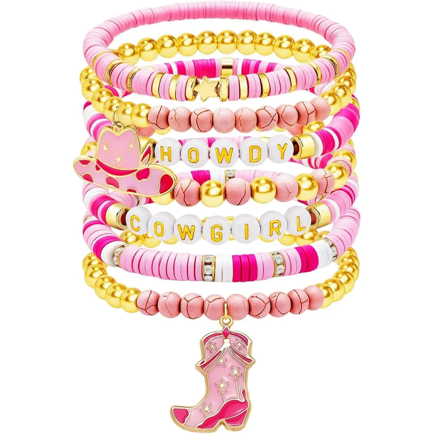 Cowgirl Clay Bead Stretch Bracelets with Cowboy Hat Boot  Earrings, Stackable Golden Bead Heishi Bracelet Boho Layered Friendship Bracelet Summer Beach   for Women