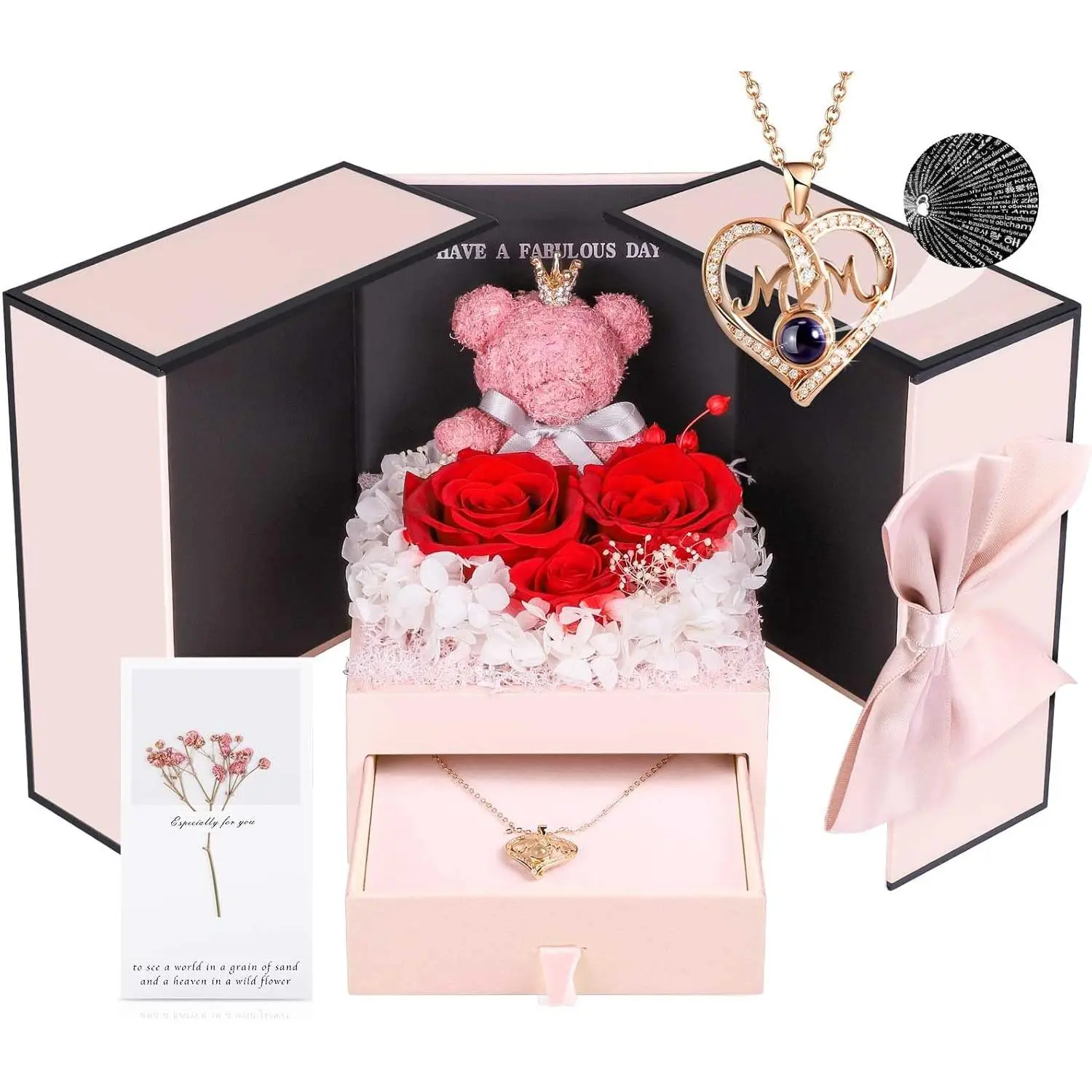 Preserved Real Roses with I Love You in 100 Languages Mom Necklace Set, Unique Mothers Day Set  Mom from Son and Daughter, Birthday Gift Box  Mama Mother