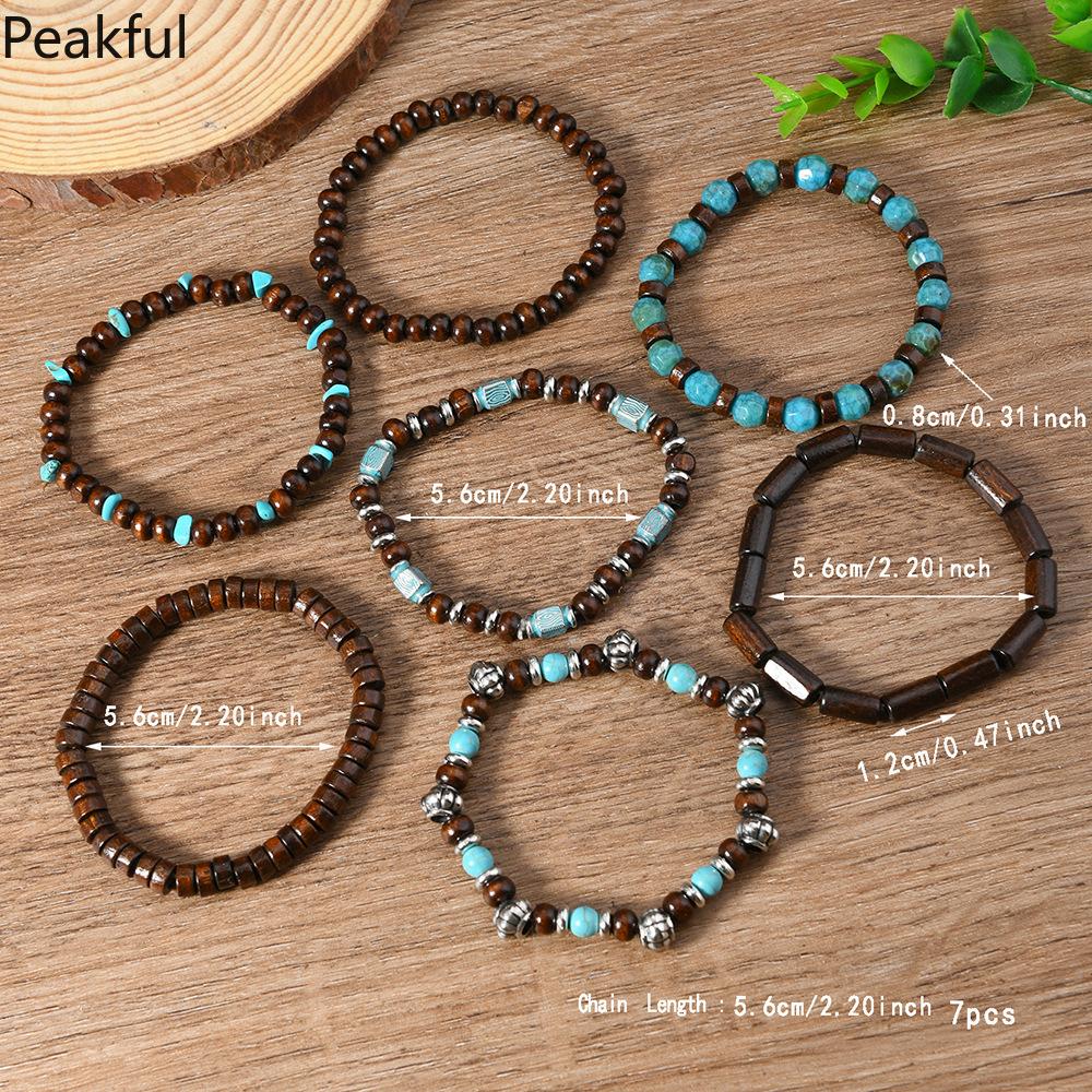 Bohemian Multilayer Bracelet Set Wood Beaded Turquoise Accent Retro Ethnic Charm Wristband Stackable Hand Jewelry for Men Women