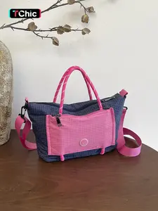 Contrast color grid patchwork handbag and crossbody bag, double-layer plaid contrast color patchwork design, front zipper pocket for easy access to small personal items, paired with-style double handles and a detachable widened long shoulder strap, suppor