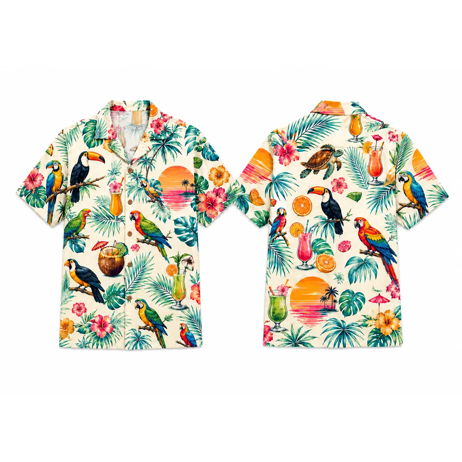 Tropical Hawaiian Button Up Shirt for Men & Women, Lightweight Polyester Short Sleeve Vacation Shirt with Parrot, Toucan, Palm Leaf, Cocktail & Sunset Graphic Print, Summer Beach Party Cruise Resort Casual Top
