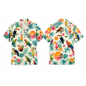 Tropical Hawaiian Button Up Shirt for Men & Women, Lightweight Polyester Short Sleeve Vacation Shirt with Parrot, Toucan, Palm Leaf, Cocktail & Sunset Graphic Print, Summer Beach Party Cruise Resort Casual Top