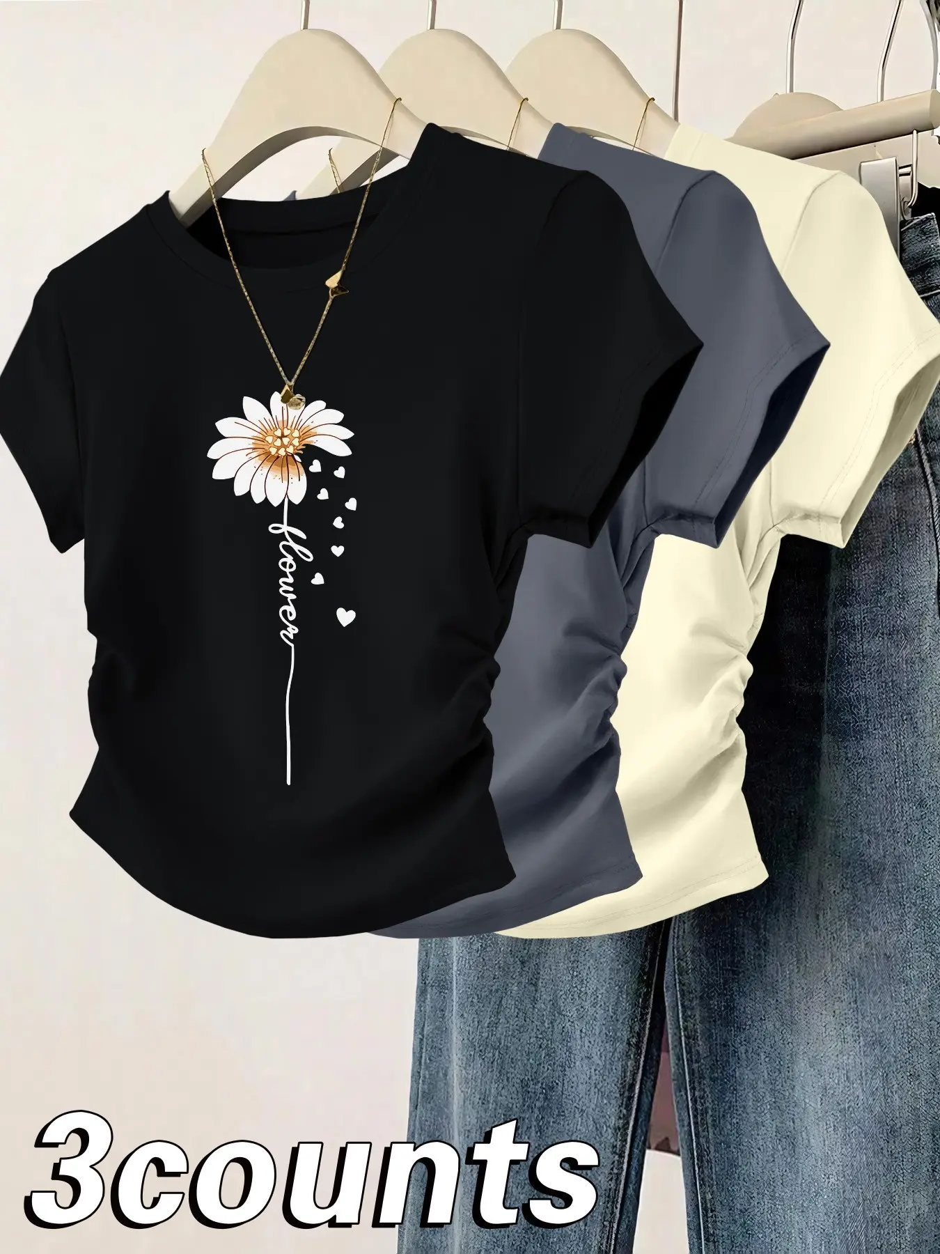 Fashion Casual Floral Print Slim-Fit Short Sleeve T-Shirt Tee Set, Round Neck, Waist Ruched Design, Comfortable Fabric, Multiple Colors Available