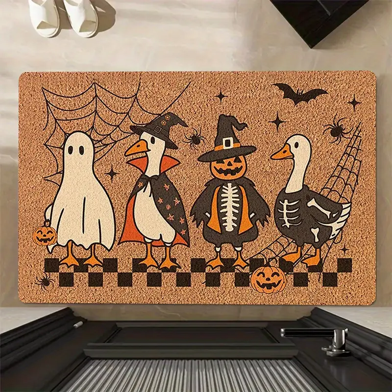 Funny Spooky Ducks Halloween Diatomaceous Earth Doormat, Cute Ghost Witch Skeleton Duck Cobweb Pumpkin Non‑Slip Absorbent Floor Rug, Indoor Outdoor Decorative Entry Mat, Porch Kitchen Bathroom Spooky Season Fall Home Decor