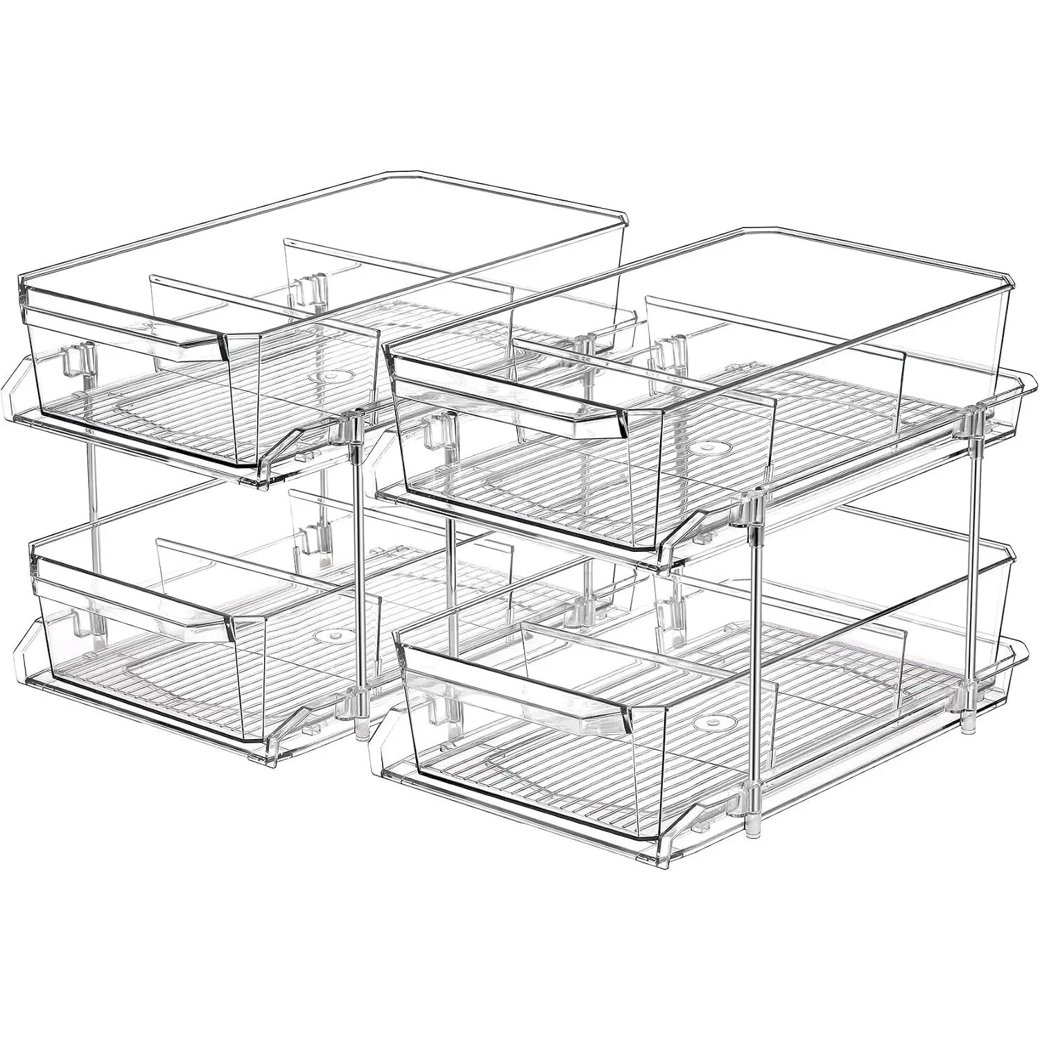 2 Set 2 Tier Clear Organizer with Dividers for Cabinet Shelf Counter, Multi-Use Slide-Out Storage Container Bins for Kitchen Pantry Medicine Cupboard Bathroom Vanity Makeup Under Sink Organizing