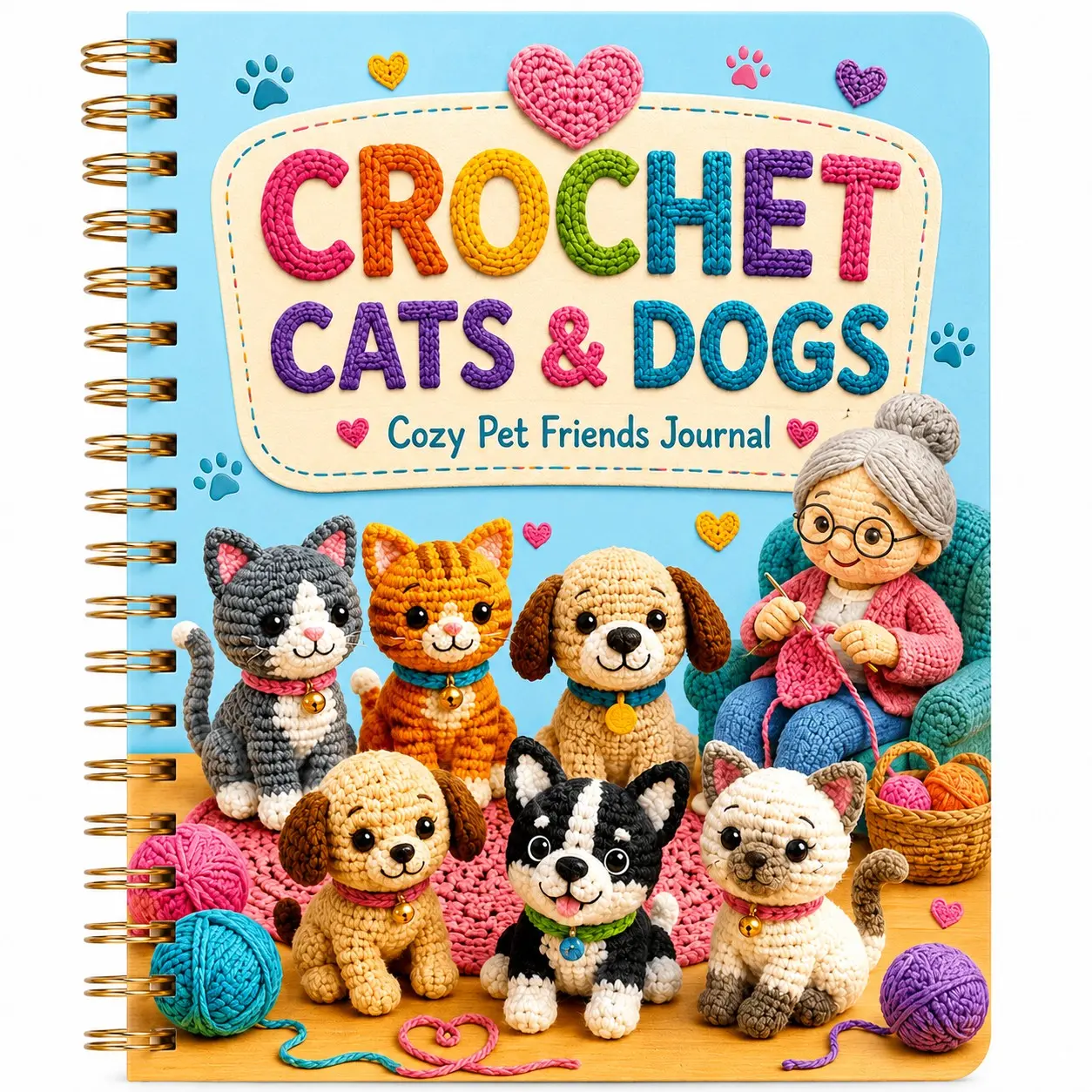 Crochet Cats & Dogs Pet Journal, A5 Spiral Bound Cute Cat Dog Yarn Style Notebook, Ideal for Crochet Lovers, Creative Crafts, Daily Writing, Gift Giving