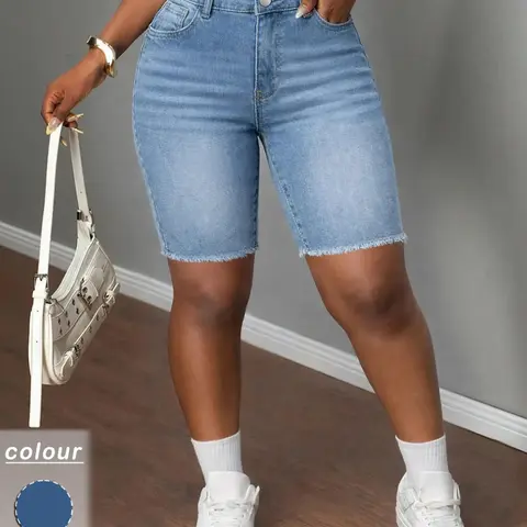 Women's High-Waisted Ripped Denim Jeans, Slim Fit Knee-Length Pants, Casual Button Fly Distressed Ripped Design, Perfect for Everyday Wear Bottom