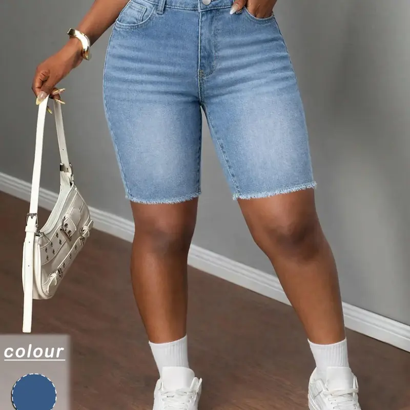 Women's High-Waisted Ripped Denim Jeans, Slim Fit Knee-Length Pants, Casual Button Fly Distressed Ripped Design, Perfect for Everyday Wear Bottom