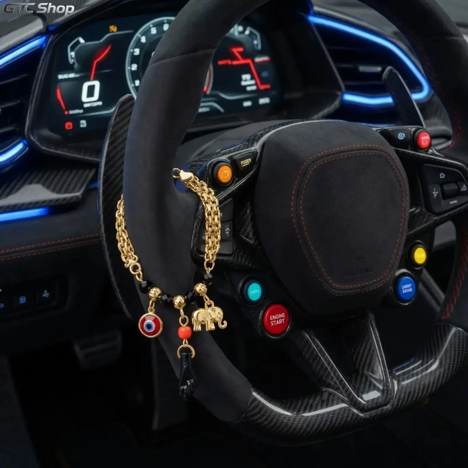 Women's Gold Evil Eye Car Steering Wheel Bracelet, Black‑Red Beaded Spiritual Amulet with Elephant & Hamsa Hand Charm, Lucky Protective Auto Interior Accessory, Thoughtful Gift for Female Drivers