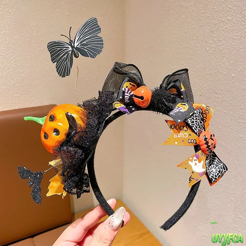 Women's Halloween Antler Cat Ear Headband - Female Wear, Polyester Mesh, Gothic Lace Bow, Pumpkin Skull Bat Butterfly Decor, Comfortable Fit, Non-Slip, All Seasons Cosplay Costume Hair Accessory for Trick-or-Treat Events, Spooky Cute