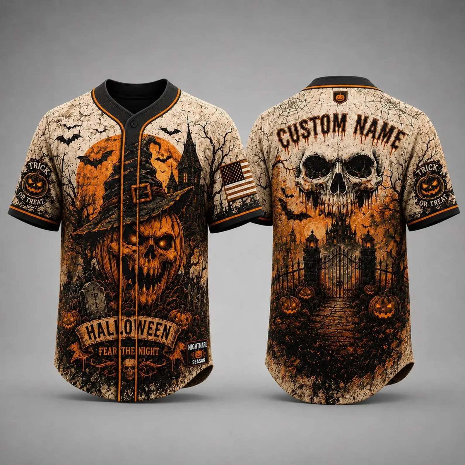 Halloween Baseball Jersey Orange Black Skull Witch Hat Castle Print Custom Name Trick Or Treat Fear The Night Party Costume