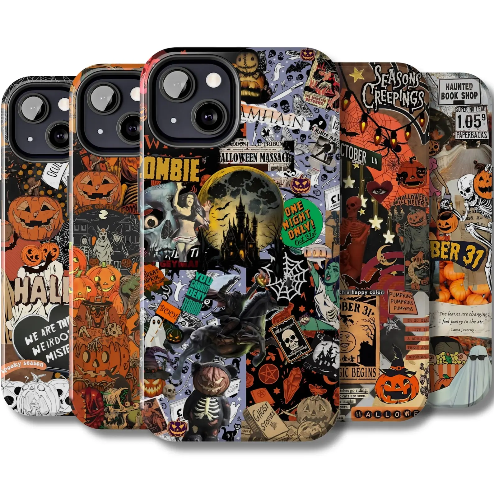 Halloween collage-style phone cases, vintage spooky-style iPhone cases, horror-themed Samsung Galaxy cases; compatible with iPhone 11–17 Pro Max/Plus and Samsung Galaxy S23–S25 series; witch-themed designs.