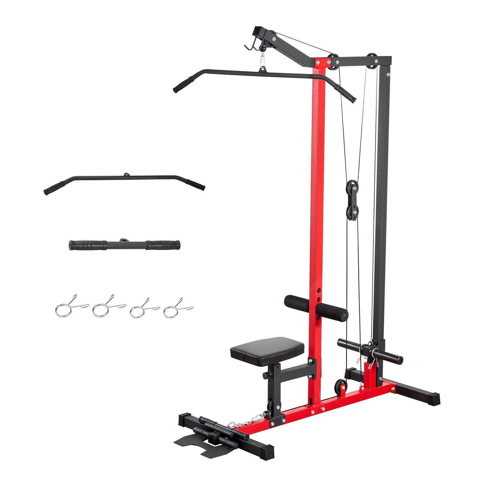 VEVOR LAT Pull Down Machine, 2-in-1 Row Cable Machine, Cable Machines Home Gym with 3-Level Adjustable Seat, 4-Level Adjustable Foam Roller, Load 500 lbs Lat Tower for Back, Chest, Tricep, Black Red