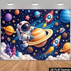 Outer Space Astronaut & Rocket Backdrop, Galaxy Sci-Fi Theme Party Banner, Kids Boys Bedroom Wall Decor Tapestry, UFO Photography Prop