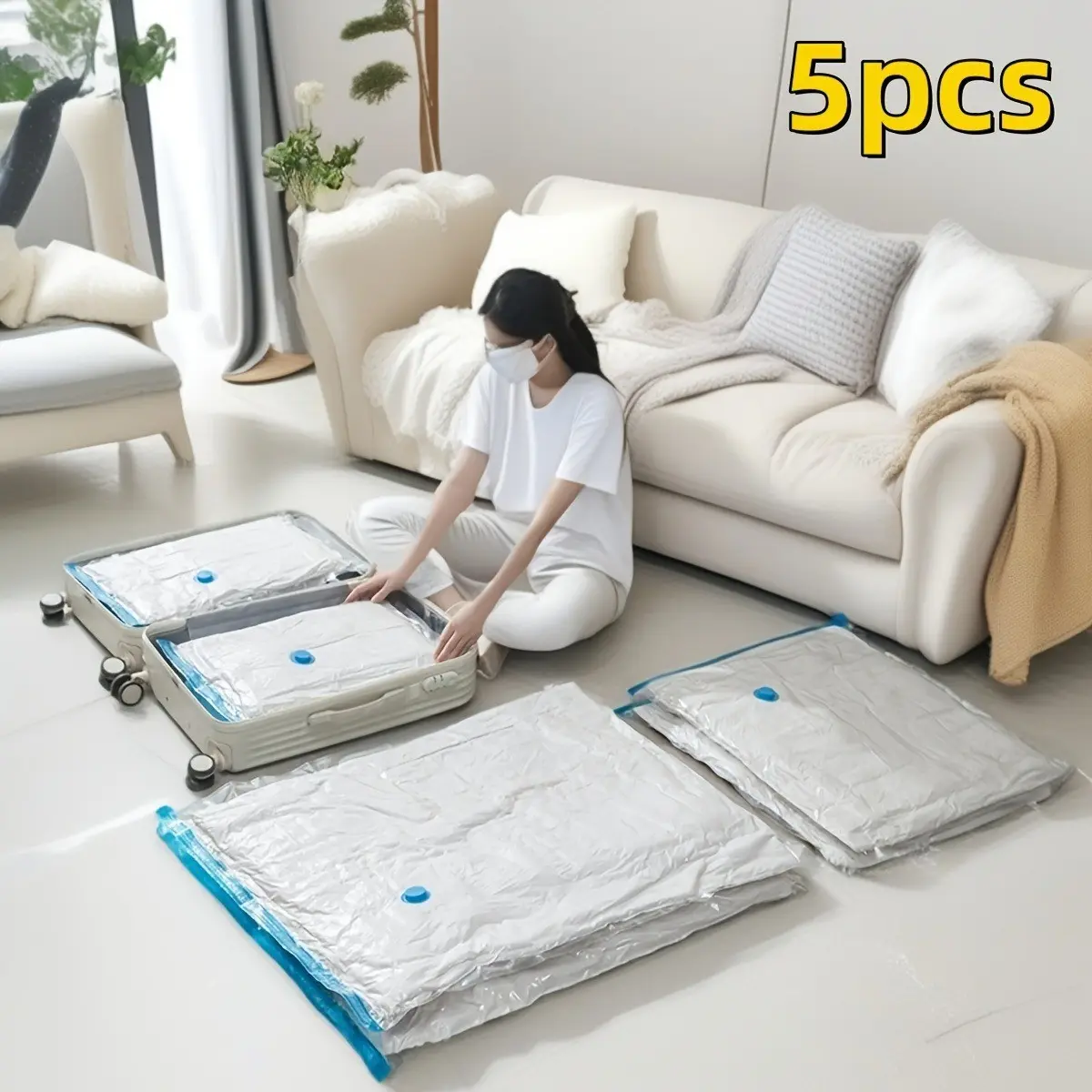 5-Pack Winter Storage Vacuum Sealed Compression Bags, Storage Bag Set, Space-Saving for Clothes, Pillows, Quilts, Bedding, Travel-Friendly Organizer
