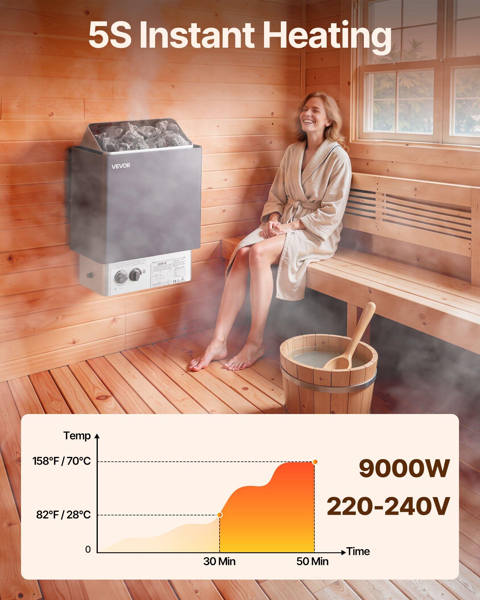 VEVOR 9KW Sauna Heater, Steam Bath Sauna Heater with Built-In Controls, Electric Sauna Stove, 3h Timer and Adjustable Temp for Max.317-459 Cubic Feet, Home Hotel Spa Shower Use 220V