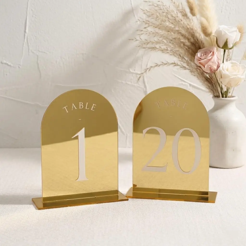 Acrylic Mirror Arch Wedding Table Number Sign with Stand, 5.9 X 3.94 Inches, Perfect for Centerpiece, Reception, Party Decorations