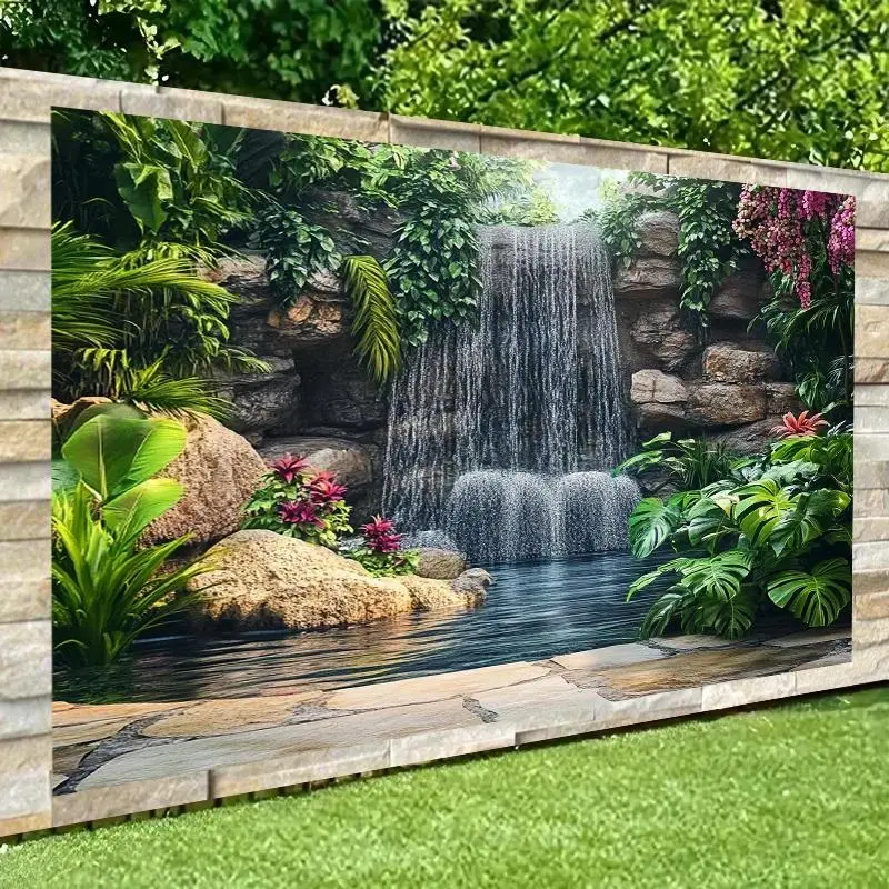 Forest Garden Waterfall Backdrop Party Background Cloth, Tropical Nature Tapestry Wall Hanging Photography Background Premium Polyester Fabric, Outdoor Decor, Party Celebration Setup, Photo Studio Prop, Event Background Decoration