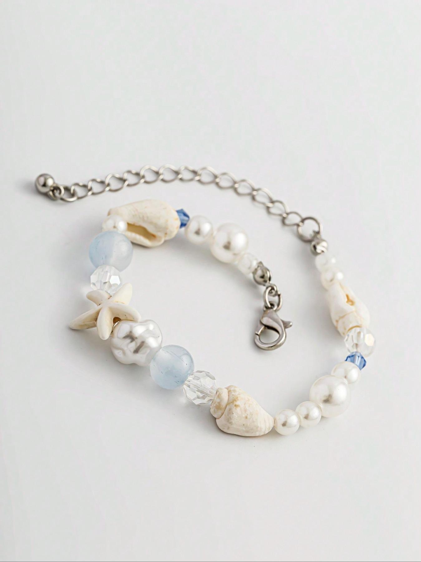 Boho Style Shell & Starfish & Faux Pearl Decorated Bracelet, Fashionable Jewelry for Women & Girls, Trendy All-match & Exquisite Jewelry for Birthday Gift, Trendy Jewellery Accessories, Pearl Beaded Bracelet