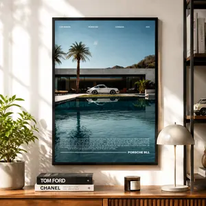Porsche 911 by the Pool, Vintage Sports Car Wall Art Poster, Retro Car Print by the Pool, Summer Automotive Decor, Minimalist Car Poster for Bedroom & Office