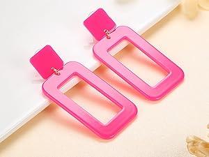 FUNRUN 4Pairs Hot Pink Earrings for Women Statement Earrings Geometric Heart Drop Hoop Earrings Boho Long Tassel Dangle Earrings