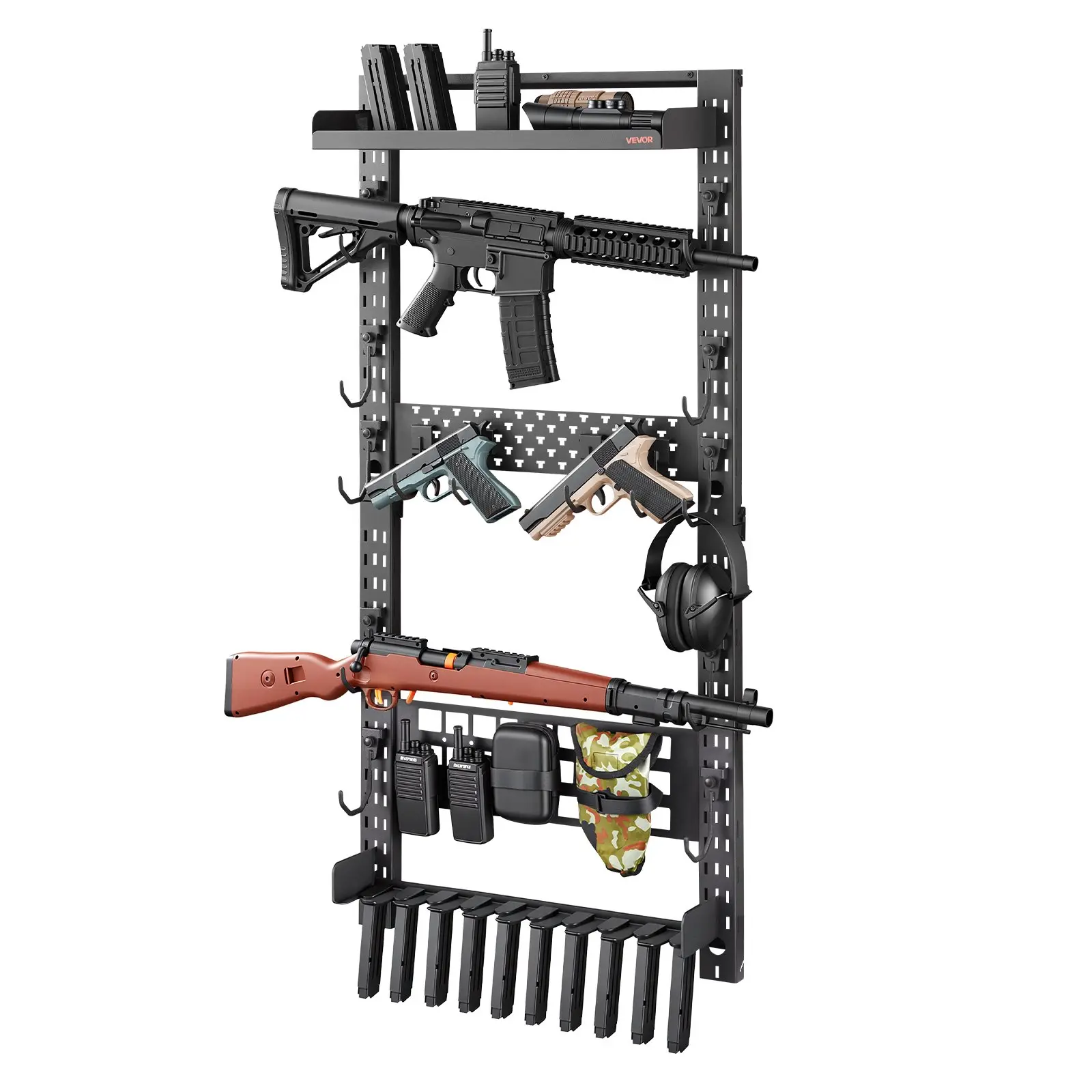 VEVOR Gun Rack Wall Mount, Heavy Duty Steel, Indoor Rifle Shotgun Rack with Magazine Holder, MOLLE Panel, Gun Accessories Display Storage Holder, Hold Up to 5 Rifles or Shotguns, for Tactical Gear