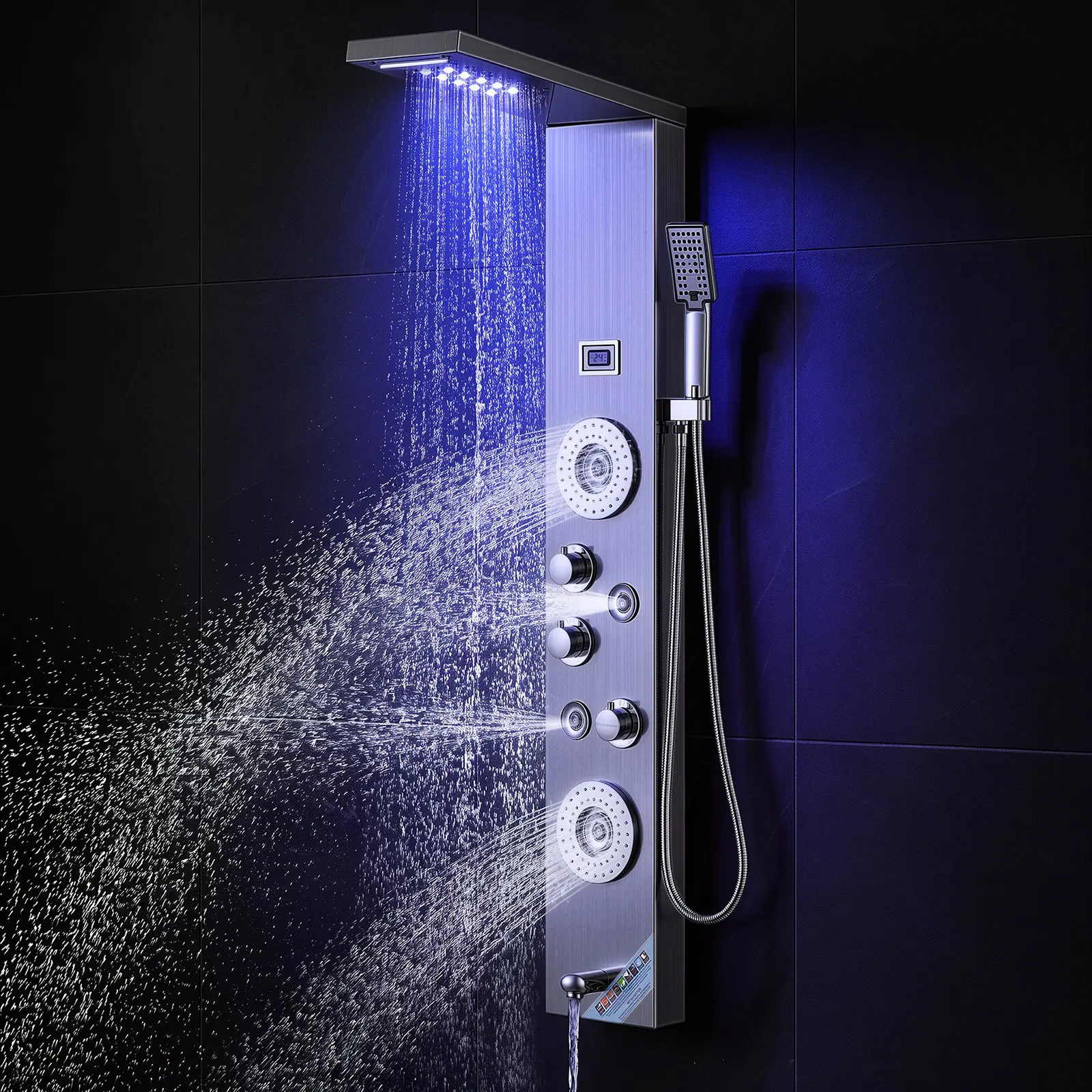 【Black Friday】【】VEVOR Stainless Steel Wall-Mounted Shower Panel System, 6 Modes (Rainfall, Waterfall, 4 Body Massage Jets, Tub Spout, LED Display, 59" Hose Handheld Unit) with 4 Jets, Four Jets
