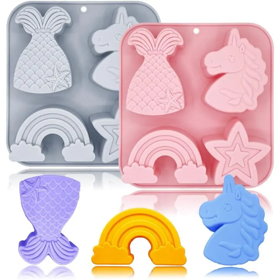 2 Pack Unicorn Molds Silicone 4 Cavity 3D Big Cartoon Themed Baking Mould Tray with Mermaid Rainbow Star for Baby Shower Birthday Party Chocolate Cake Mousse Pastry Soap Crayons Cupcake Topper