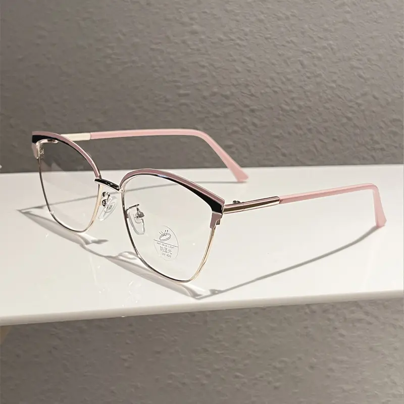Effortless Pink Accent Metal Cat Eye Blue Light Blocking Glasses Face Slimming Clear Frame Lightweight Optical Eyewear Office Siren Daily Wear
