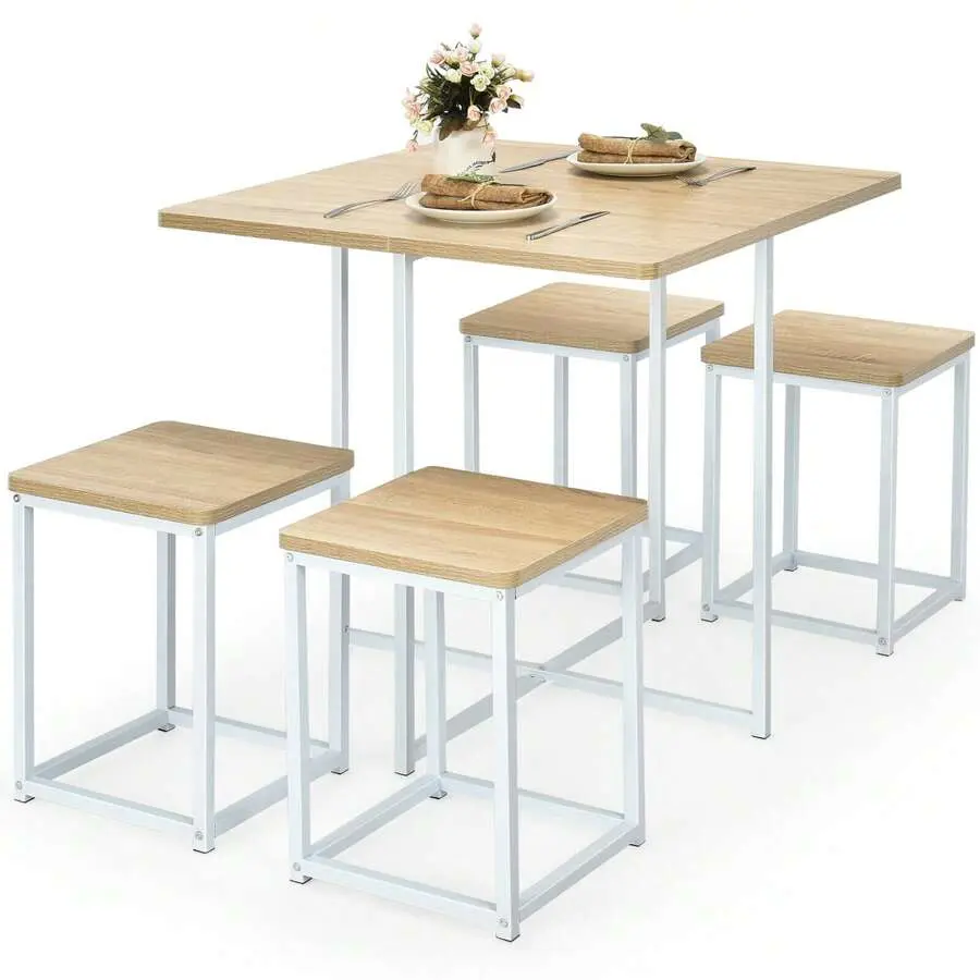 5 Piece Dining Table And Chairs Set Metal Legs Compact Space Bar Pub