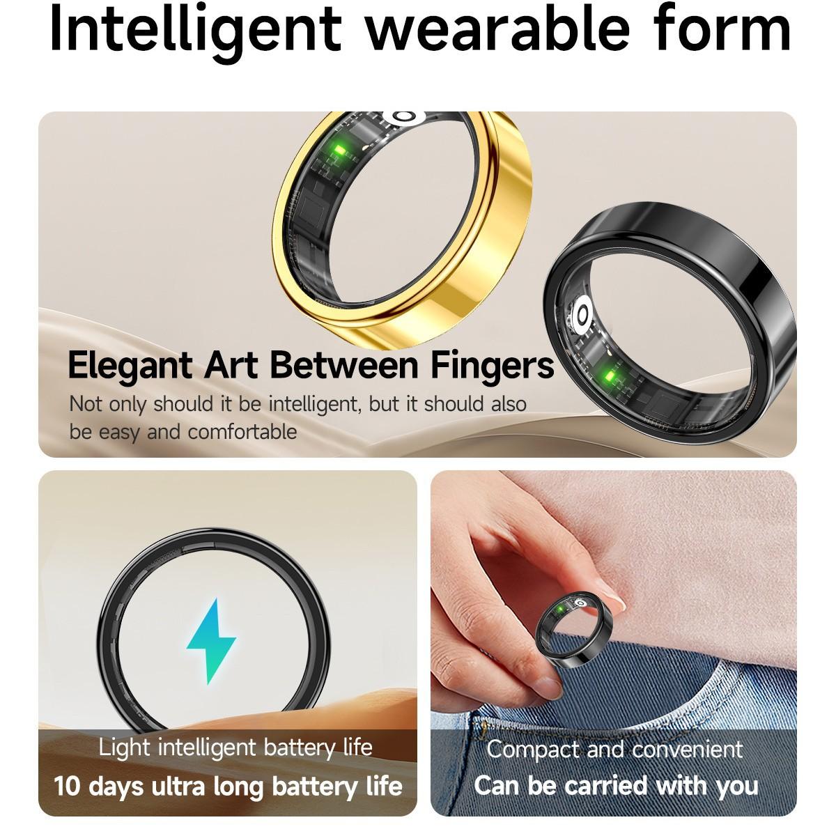 A smart multi-functional health ring with features such as motion step counting, Bluetooth photography, heart rate monitoring, blood oxygen measurement and sleep monitoring. A fashionable wearable smart ring.