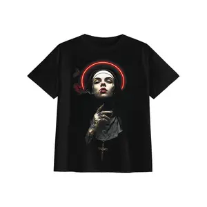 Red Neon Ring Halo Tattooed Smoking Nun Rosary Wooden Cross Realism Print Black T-Shirt Edgy Dark Punk Alternative Gothic Streetwear For Men Women