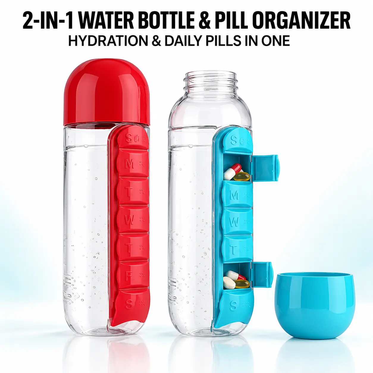 1 PC 2-in-1 Supplement Pill Organizer - 600ml Water Bottle with 7-Day Supply Compartment for Vitamins, Supplement Organizer-YY1