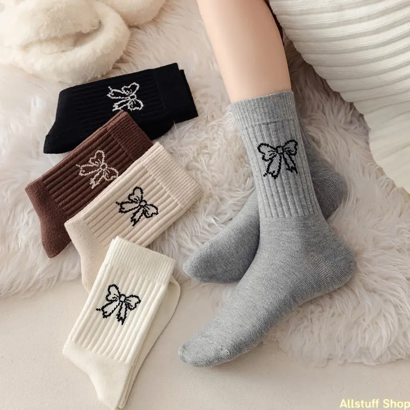 Bow Socks for Women, Warm Mid Calf Crew Socks with Bow Detail, Breathable Soft Long Socks, Cute Balletcore Socks, Japanese Style Sweet Socks for Fall and Winter, Casual Daily Wear with Dresses, Skirts, Mary Jane Shoes and Ballet Flats