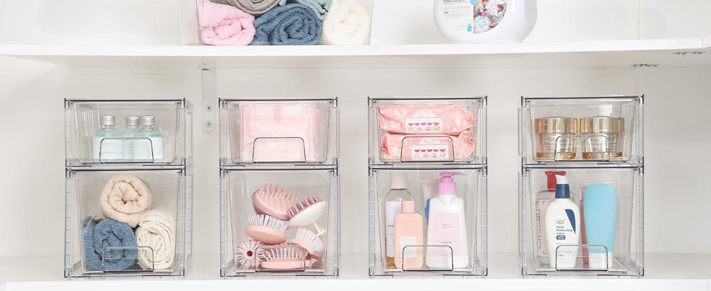 SUNDAY MIRTH 4 Pack Stackable Storage Drawers,Clear Acrylic Drawer Organizers with Handles, Easily Assembled For Fridge, Bathroom, Kitchen Undersink, Cabinet, Pantry Organization and Storage