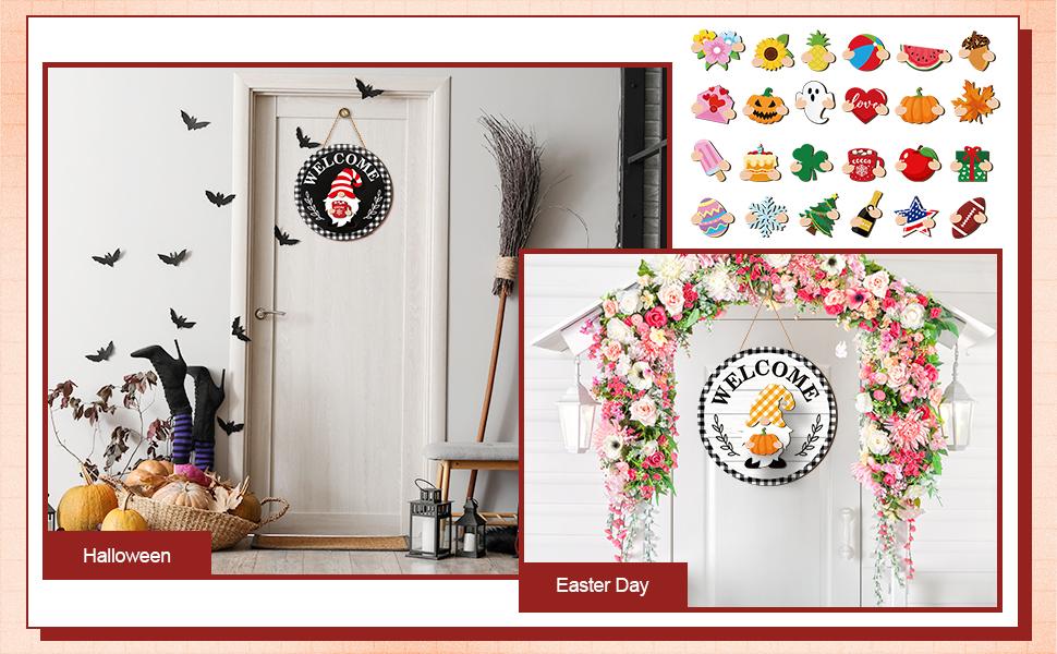 Interchangeable Wooden Gnome Decor Holiday Seasonal Gnome Decorations with Magnet Pieces and Detachable Hats Changeable Welcome Sign for Home(Black Style)