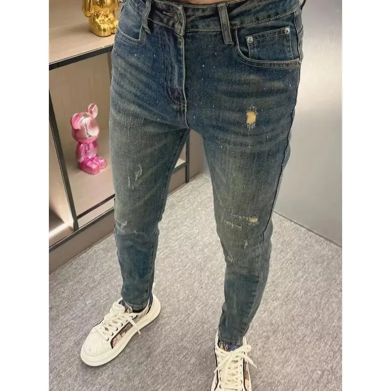 High-End Men's Slim Fit Blue Denim Jeans Retro Sle Spring Summer New Korean Version Glitter Nine-Piece Pants Casual Jeans