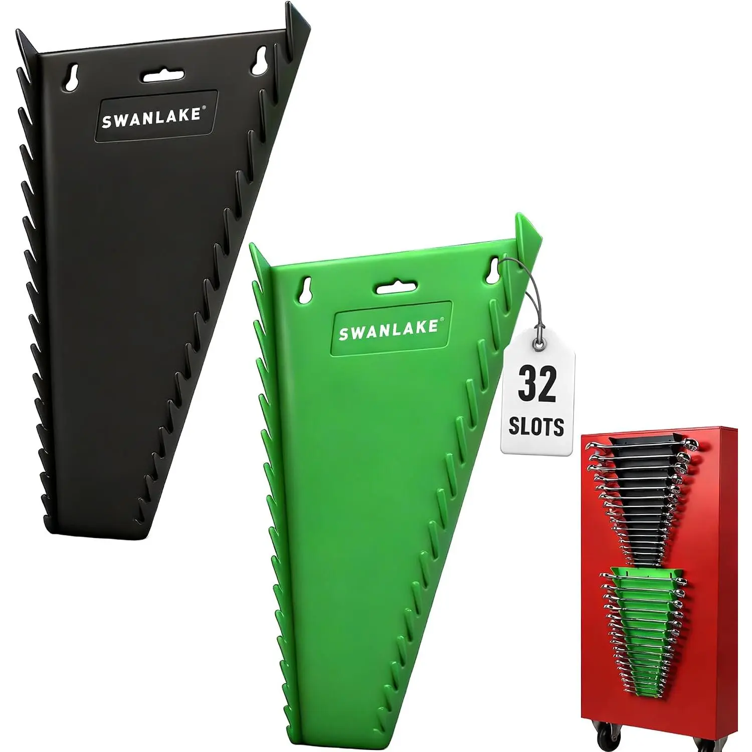Wrench Organizer 2-, 32-Slot Drawer Storage, SAE (1/4" to 1-1/16"), Metric (6mm to 24mm), Green and Black