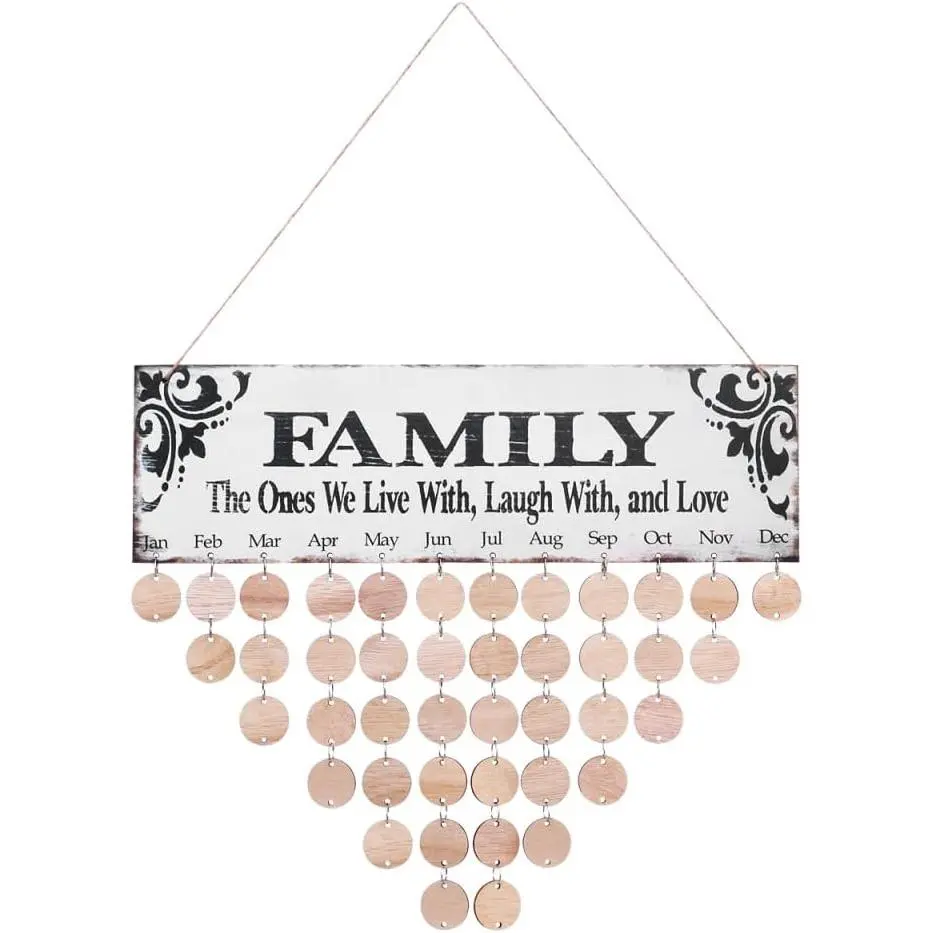 Gifts for Mom Grandma Family Birthday Calendar with Tags Birthday Reminder Plaque Wall  DIY Wooden Calendar Celebrations Board Dad Grandpa   Decor with 50 count