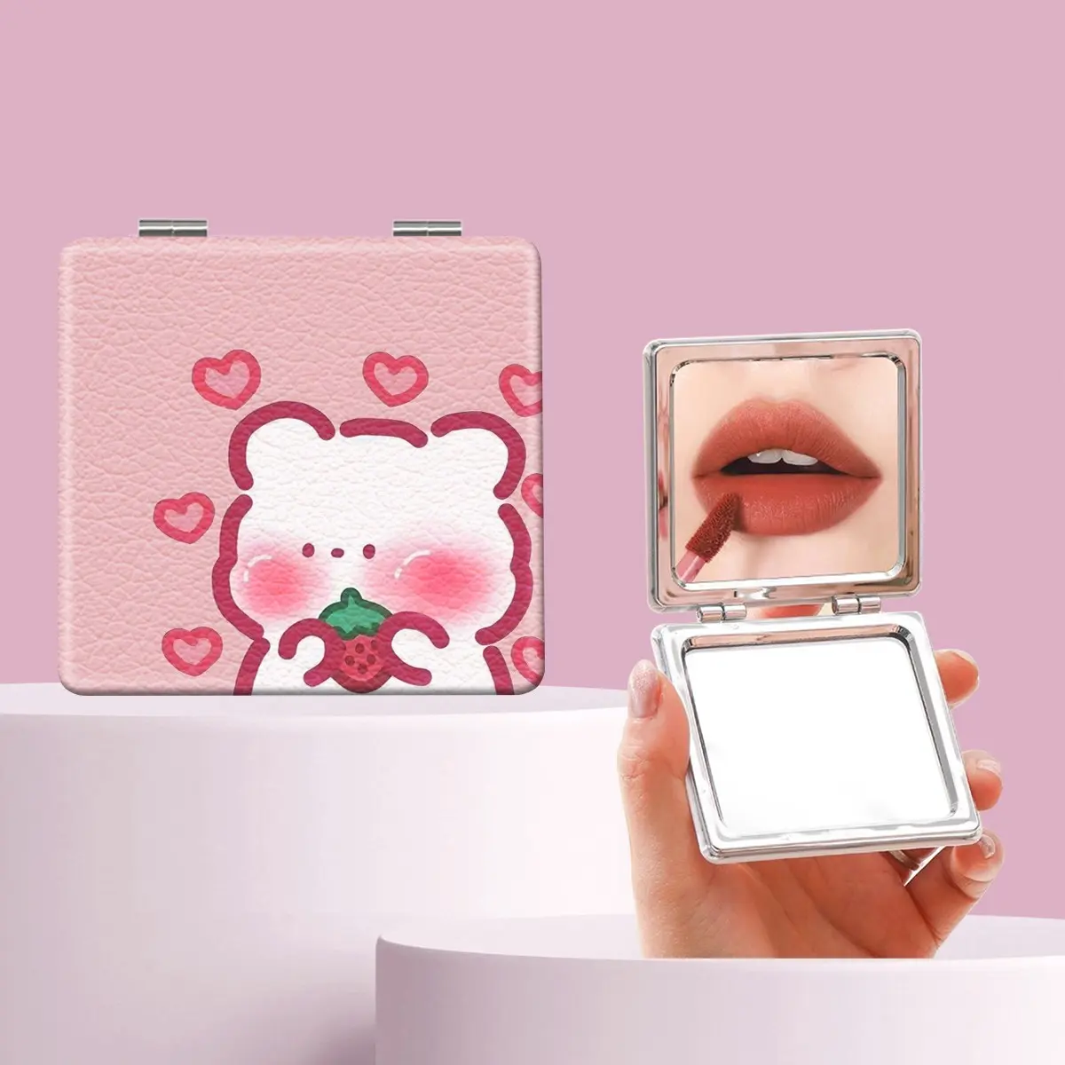 Cute Heart Strawberry Bear Makeup Mirror, Foldable Mini Handheld Mirror, Perfect for All Occasions, Gift for Sisters, Friends, Girls