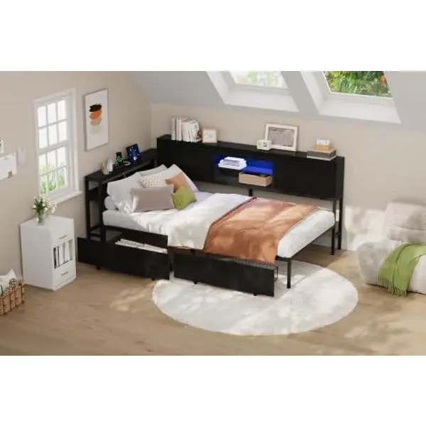 GARVEE Twin Size Corner Bed Frame with 2 Storage Drawers