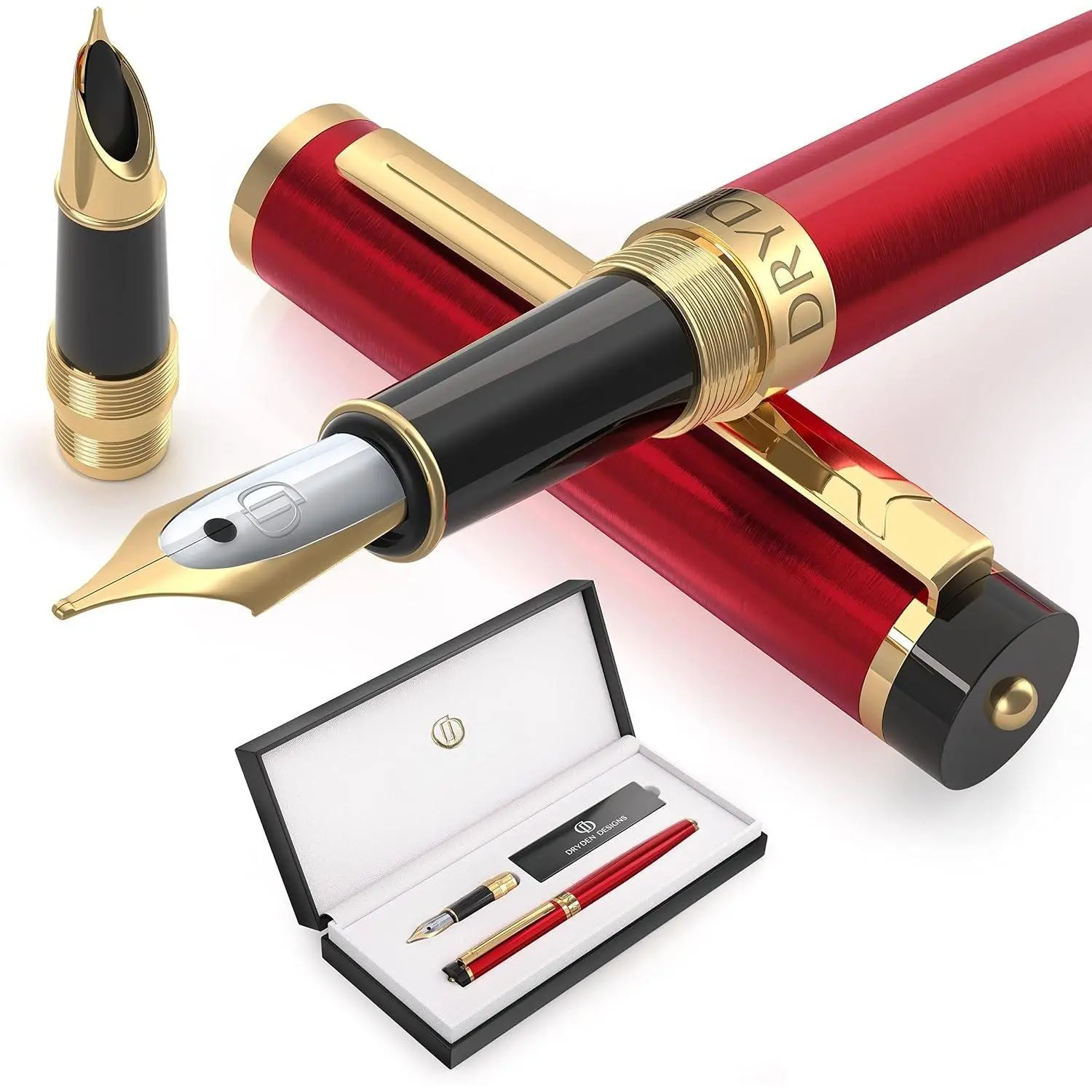 Fountain Pen - Medium and Fine Nibs | Includes Luxury Box, Ink Cartridges - 3 Black 3 Blue and Ink Refill Converter - Royal Red