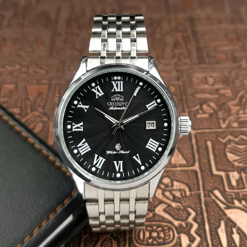 Orient Men Automatic Mechanical Watch Classic Roman Numerals Dial Stainless Steel Bracelet Waterproof Business Dress Wristwatch with Date Window Black White Dial